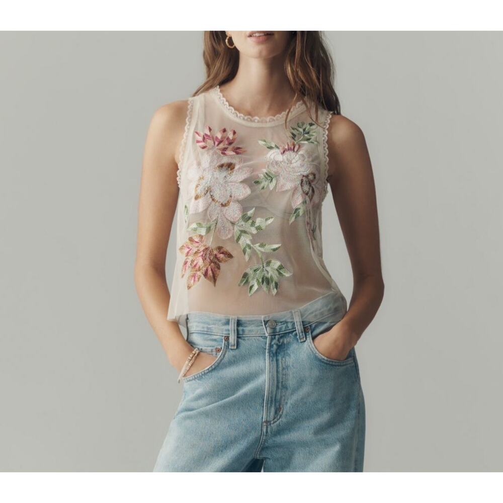 Anthropologie Top Sheer Mesh Floral Size XS Beige Pink Green - Picture 6 of 6